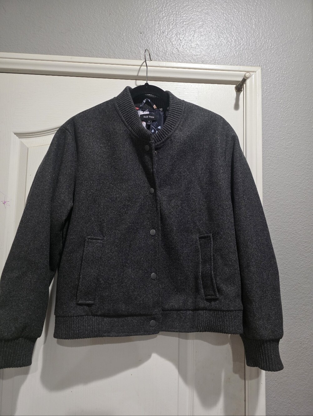 Well Worn Charcoal Gray Wool-Blend Bomber Jacket